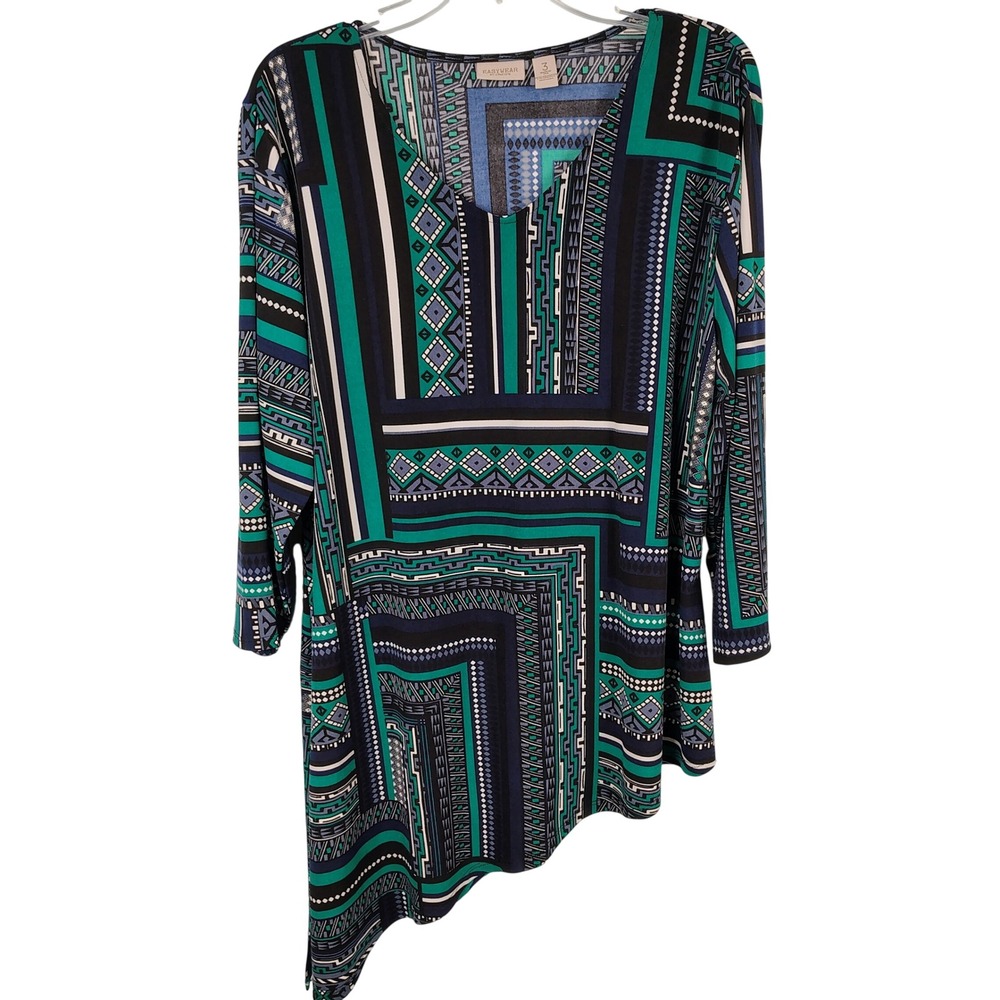 Chicos Womens SZ 3 Easywear Asymmetrical Tunic Teal Geometric Boho Artsy